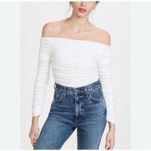 Line & Dot Sofi Ruched Top Womens White Off Shoulder Long Sleeve Small Minimal